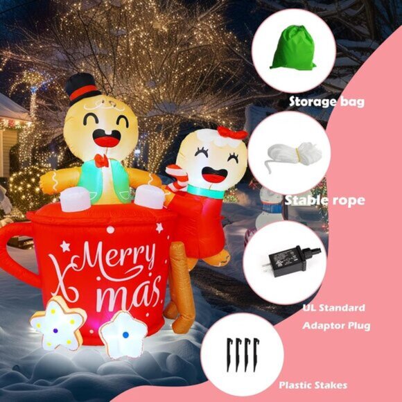 ⚡6 FT Christmas Inflatables Gingerbread Man in Hot Cocoa Mug Outdoor Decorations - Picture 6 of 7